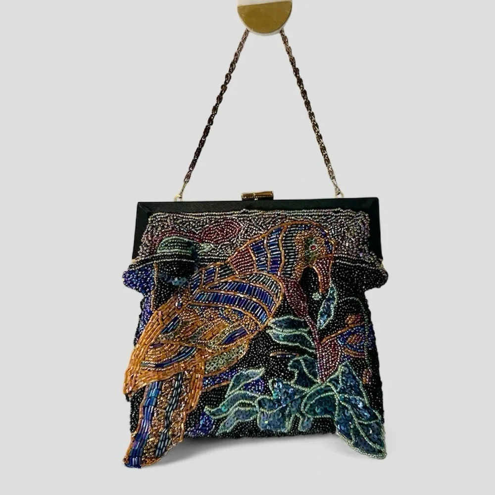 Vintage Preston & York colorful glass beaded mini handbag parrot tropical design